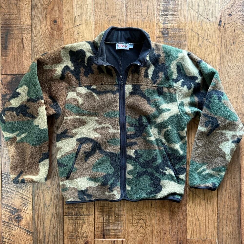 Orvis Camo DuPont Polyester Fleece Zip Up Jacket Made in USA Vintage Size L